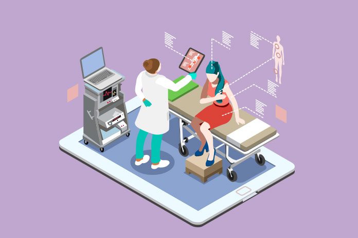 A woman with her hand on her left breast sat on a hospital examination bed with a doctor in a white coat and lots of equipement to show NICE approves Pfizer's Ibrance®▼ via Cancer Drugs Fund